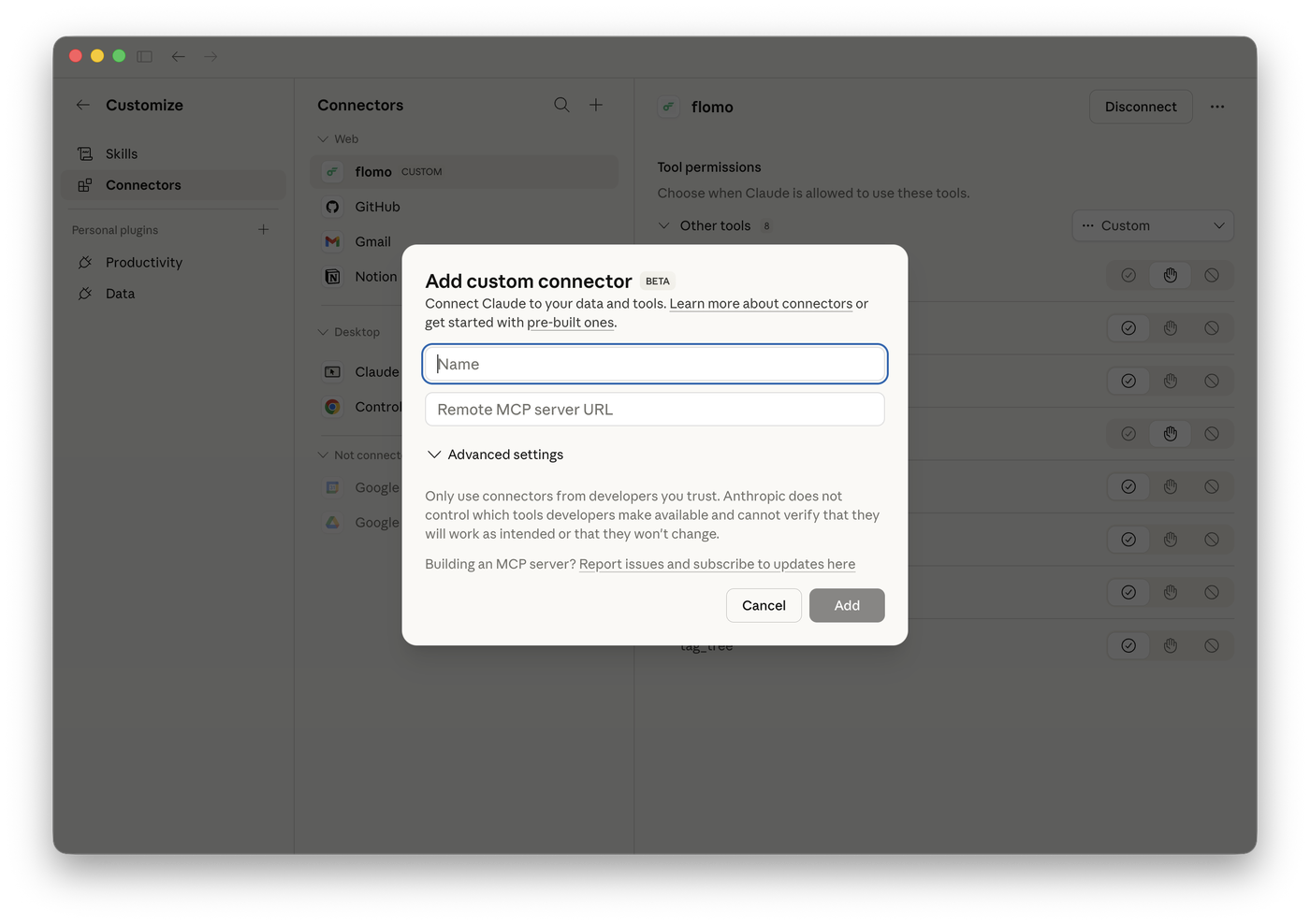 在 Claude 中添加 flomo 自定义连接器