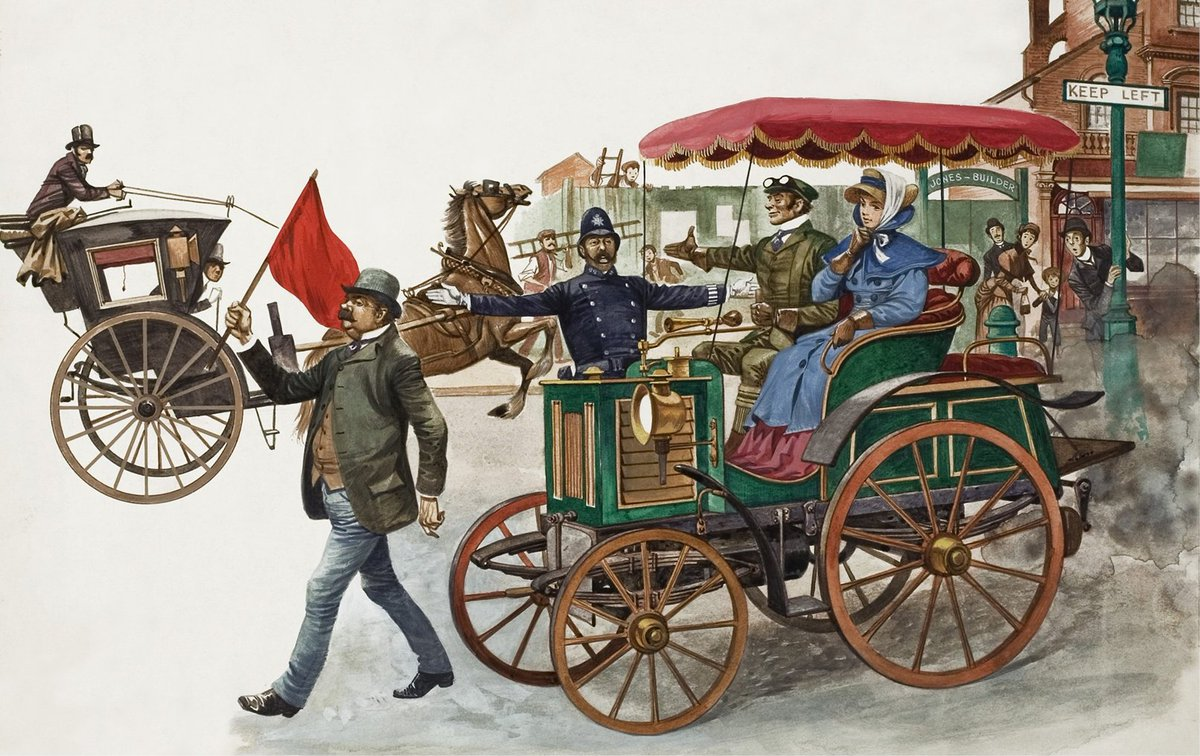 1865 年的《红旗法案》要求在车辆行驶时，必须有人拿着红旗在车前步行（该法案于 1896 年废除）。