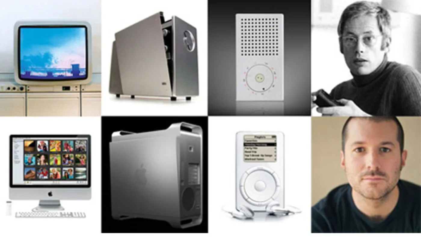 Dieter Rams启发Apple众多产品，（由左至右） Braun Atelier TV和Apple iMac的桌上型电脑；Braun T1000 Radio和 Apple Power Mac G5桌上型电脑主机；Braun T3 Pocket Radio和Apple iPod