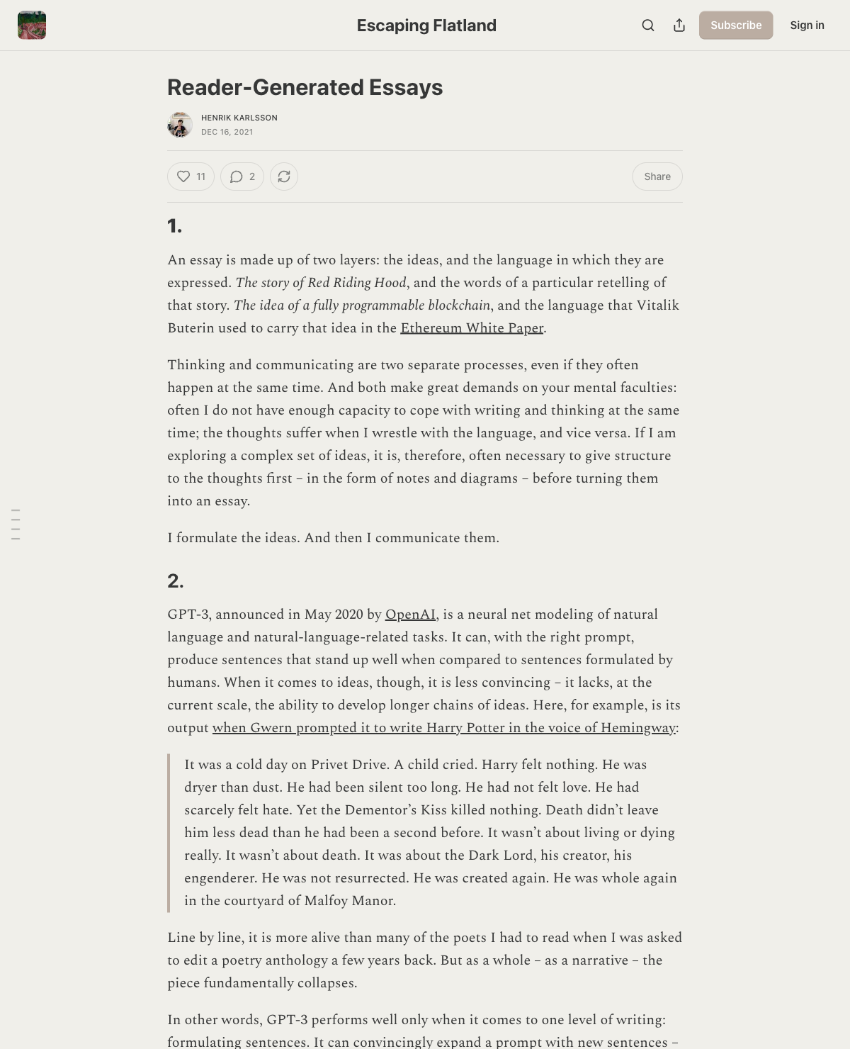 由读者生成的文章:对 GPT-3 的思考